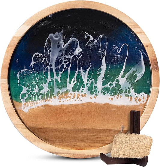 Acacia Wood Serving Tray with Ocean Resin Art, 15.8" x 15.8" Handcrafted Charcuterie Cheese Board for Kitchen Meal Prep, Includes Stand & Loofah, Housewarming Christmas Gift & Decor (Round)