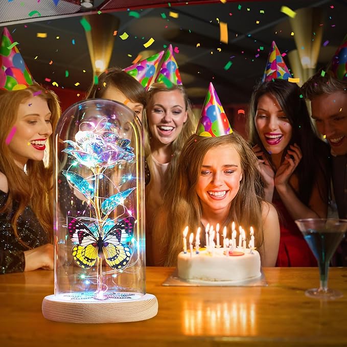 Beferr Birthday Gifts for Women Galaxy Glass Rose Forever Preserved Flowers for Delivery Light Up Rose in Glass Dome Mothers Day Butterfly Gifts for Mom Wife Grandma Her Daughter Girlfriend