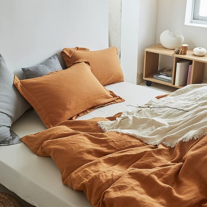 Simple&Opulence 100% Linen Duvet Cover Set 2pcs Basic Style Natural French Washed Flax Solid Color Soft Breathable Farmhouse Bedding with Button Closure - Rust, Twin