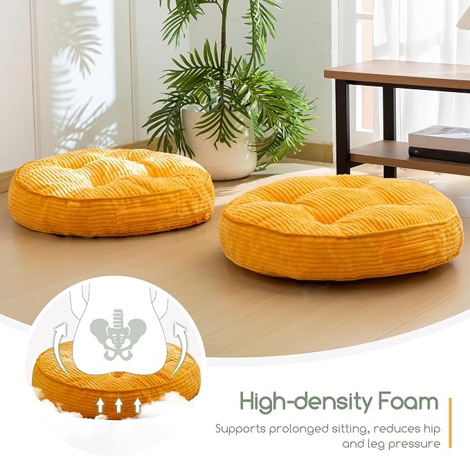 HIGOGOGO Floor Pillow Cushion for Adults, Meditation Cushion Pillow, Large Round Floor Sitting, Tufted Corduroy Cover, for Tatami Living Room or Yoga, 22x22 Inch, Orange