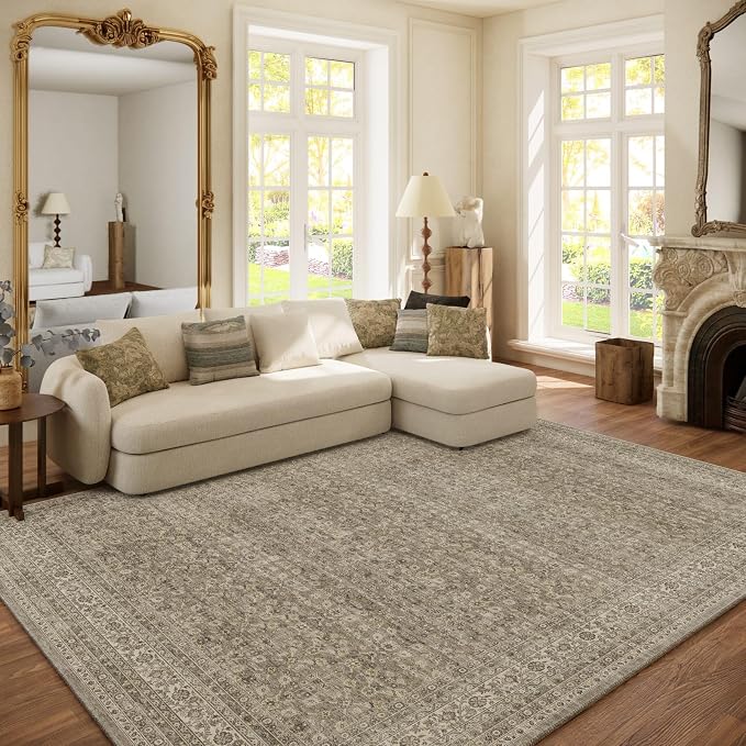 Washable Area Rugs for Living Room: 6x9 Bedroom Area Rug Boho Vintage Rugs Stain Resistant Non Slip Low Pile Soft Lightweight Carpet for Kitchen Dining Room Farmhouse Nursery Kids Room