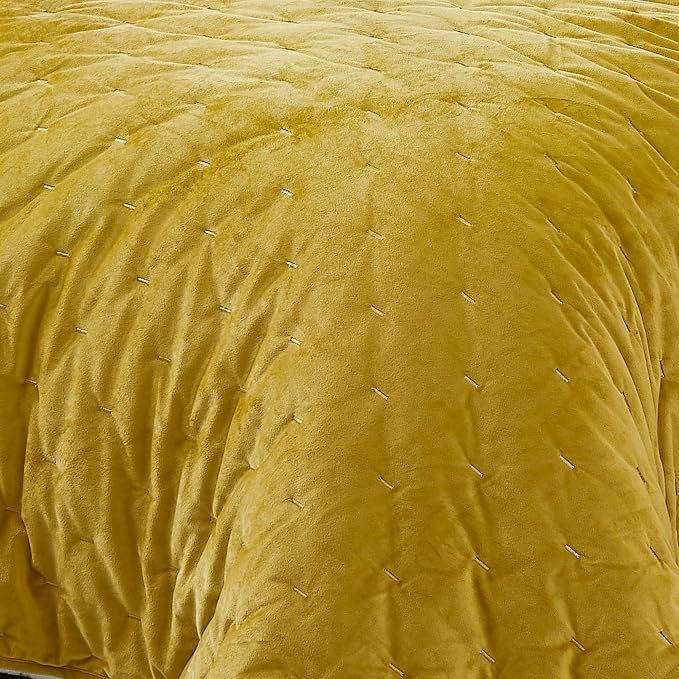 Lush Decor - Quilt Set, 3-Piece Cozy Velvet Bedding with Matching Shams, Embroidered Stitch Design (Haven Mineral Yellow, King/California King)
