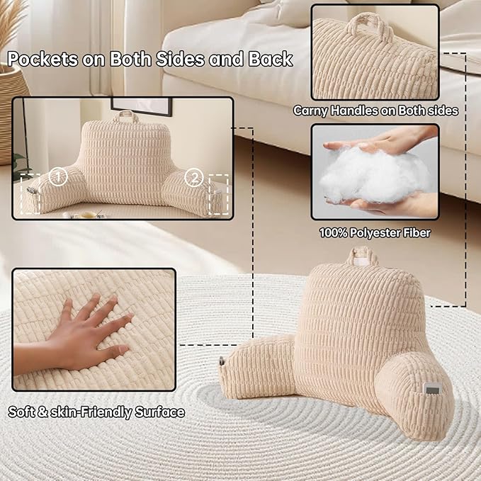 Reading Pillow for Sitting in Bed with Arm,White Corduroy, M | Sitting Pillow for Teens Back Support,17" Backrest Pillow Supports Reading,Gaming & Relaxing in Bed,Couch,Floor