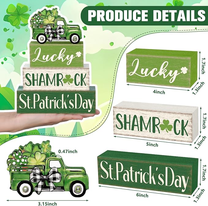 Marsui 4 Pcs St Patrick's Day Table Decorations Green Shamrocks Wooden Signs Block Farmhouse Irish Tiered Tray Decor Rustic St. Patrick's Day Table Centerpieces for Home Office Desk Shelf Mantel Decor