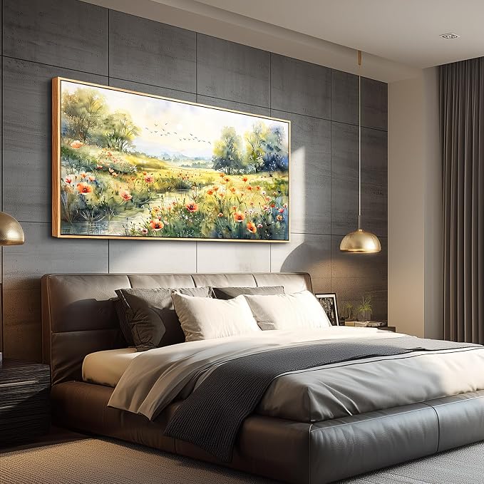 XIGUANGART Canvas Wall Art for Living Room Wildflower Pastoral Scenery Paintings Large Framed Wall Decor Meadow Abstract Pictures Rustic Floral Art Print for Bedroom Office Modern Artwork Decorations