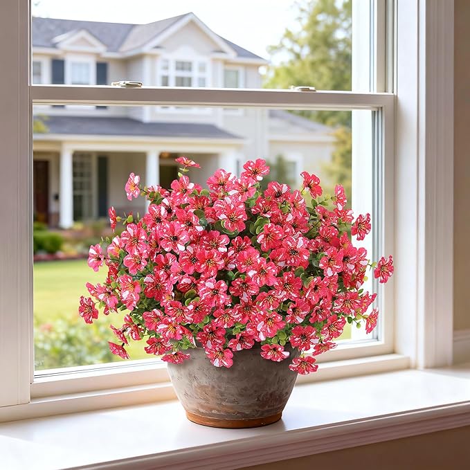 Artificial Morning Glory & Eucalyptus Topiary Trees - Set of 2 Faux Silk Flower Potted Plants, UV-Resistant Fake Outdoor Morning Glory Bushes for Front Door, Yard, Farmhouse, Garden Decor (Rose Red)