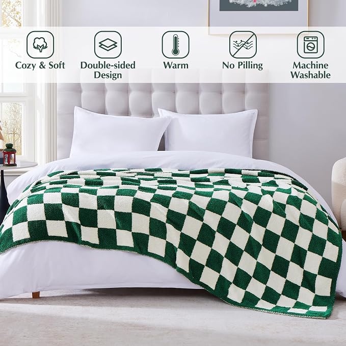 WRENSONGE Soft Twin Size Checkered Blanket for Bed-Cozy Knitted Blankets | Lightweight Fluffy Warm Decor for Women, Mom, Her & Girls, Sofa, Chair, Couch, 60x80in, Avocado Green