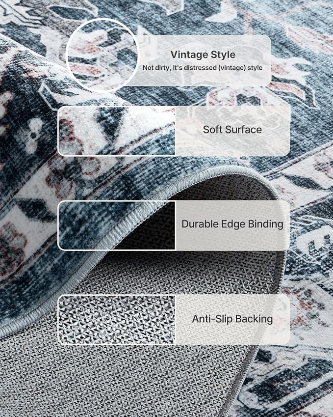AMADA HOMEFURNISHING 9x12 Washable Area Rug, Low-Profile Large Area Rug with Non-Slip Backing & Durable Edge Binding, Vintage Large Rugs for Living Room, Bedroom & Dinning Room