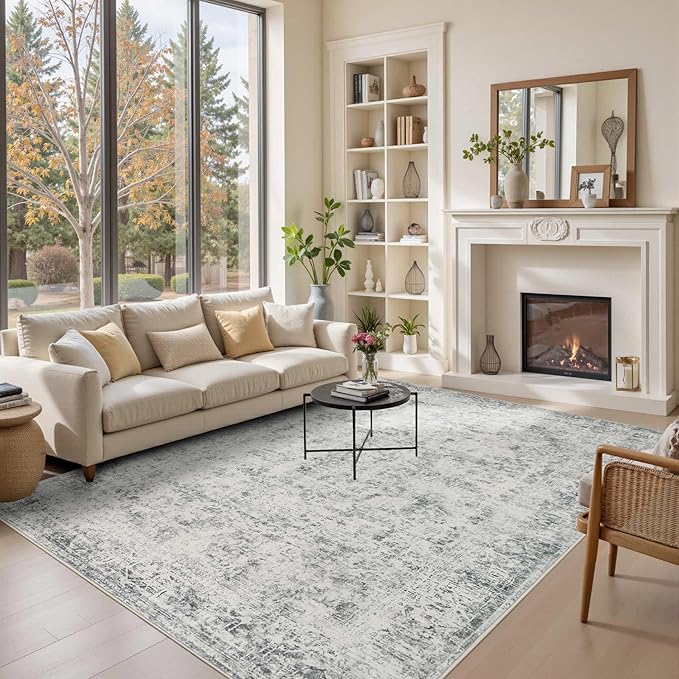 Rugxara 6x9 Area Rugs for Living Room Bedroom, Large Washable Rug, Grey Vintage Abstract Boho Rug, Non Slip & Low Pile Faux Wool Carpet for Indoor Dining Room, Farmhouse and Kids Room(Grey 6x9ft)