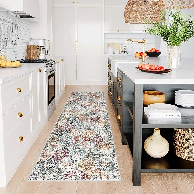 Lahome Moroccan Trellis Hallway Runner Rug, 2x6 Kitchen Runner Rugs Non Skid Washable, Vintage Laundry Room Rug Ultra-Thin Long Carpet for Bathroom Bedroom Entryway Elise, Aqua/Multi