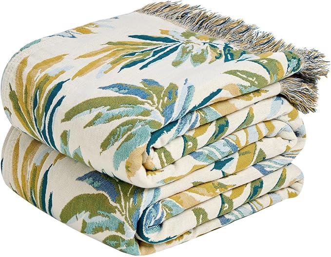 MSGKV Boho Throw Blanket for Bed Cotton 60"x80" Leaves Blanket Twin Size Couch All Seasons Muslin Summer Breathable Lightweight Farmhouse Blankets