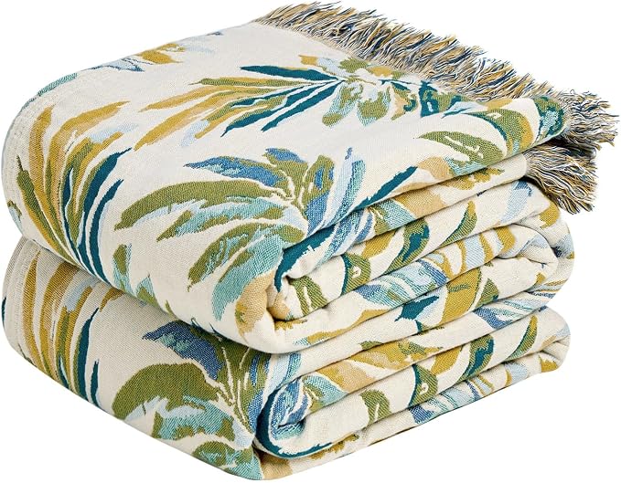 MSGKV Boho Throw Blanket for Couch Cotton Leaves Blanket 50"x60" Throws for Sofa Chair Muslin Summer Breathable Lightweight Farmhouse Blankets Home Decor All Seasons