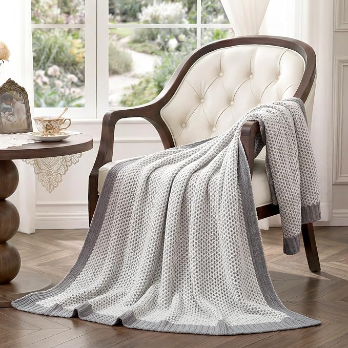 Amélie Home Honeycomb Knit Throw Blanket for Couch, Dual-Sided Soft Chenille Decorative Blankets for Sofa & Chair, 50"x60", Gray & White