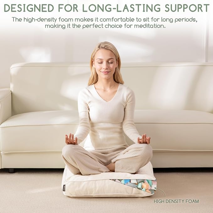 HIGOGOGO Large Floor Pillow Cushion for Adults, Meditation Cushion Pillow with Handle, Lustrous Chenille Tufted, Square Floor Sitting for Tatami Living Room or Yoga, 22x22 Inch, Beige