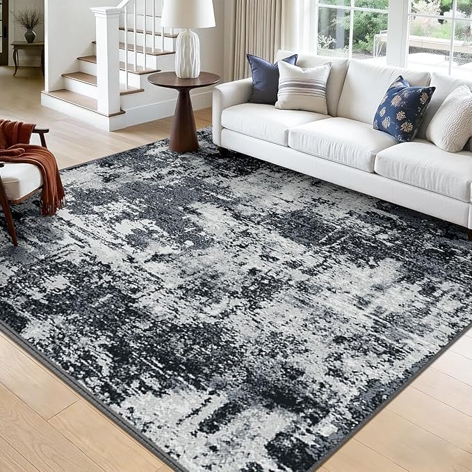 RELEANY Washable Area Rugs Square 9ft Non-Slip Modern Abstract Soft for Living Room Entryway Bedroom Nursery, Print Pattern, Black Navy Blue Gray