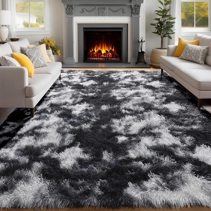 PAGISOFE 9x12 Area Rugs Living Room, Extra Large Black White Grey Rugs for Bedroom Fluffy Indoor Rugs for Kids Room Classroom Dorm Room Aesthetic Shaggy Carpet Plush Modern Cool Rug