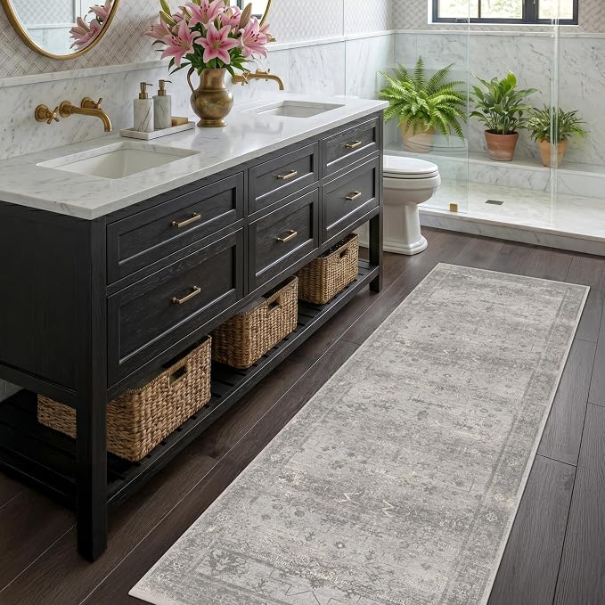 2x6 Washable Runner Rug for Bathroom & Kitchen, Non-Slip Low Pile Vintage Distressed Runner, Neutral Gray Marble-Inspired Rug for Laundry Room, Hallway & Entryway