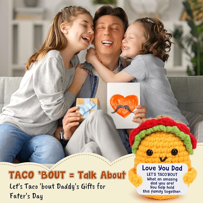 Dad Birthday Gifts from Daughter Son Wife, Best Dad Ever Cool Funny Cute Small Gifts for New Single Step Dads Thank You Daddy Present Valentines Fathers Day Christmas Handmade Crochet Taco Gift