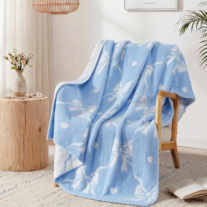 WRENSONGE Soft Throw Blanket for Couch-Cozy Reversible Knitted Blankets | Lightweight Warm Fluffy Decor for Women, Mom, Her & Girls, Sofa, Chair, Bed, 50x60in, Blue Bow