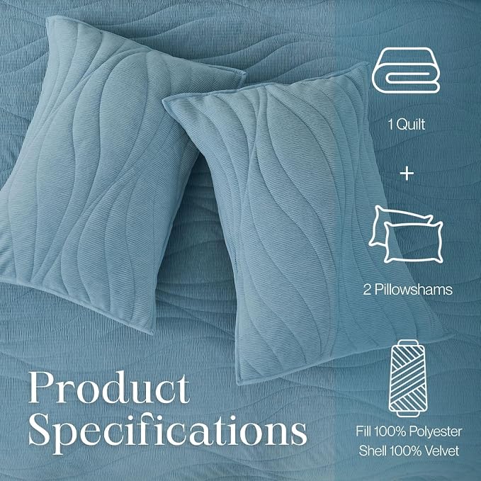 DOWN HOME Crinkle Textured Velvet Quilt Set with Shams, All-Season Luxury Modern Bedding,Easy Care Comforter,Ultra-Soft,Lightweight & Breathable, King, Celestial Blue