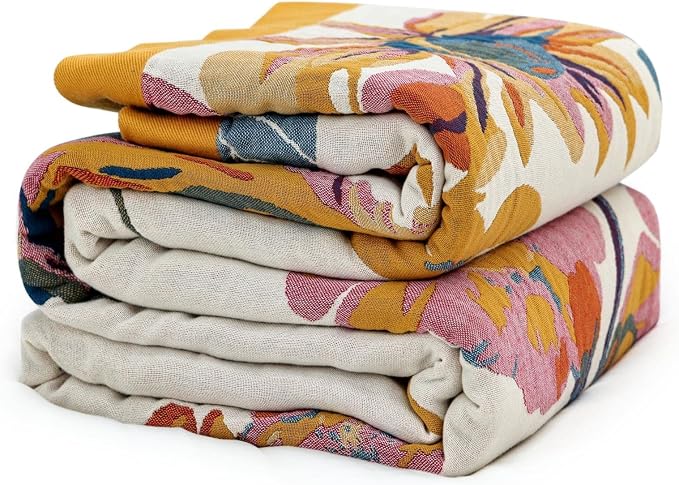 MSGKV Boho Throw Blanket for Couch and Sofa 50"x60" Cotton Throw Cover for Living Room with Floral and Butterfly, Summer Breathable&Lightweight Blanket