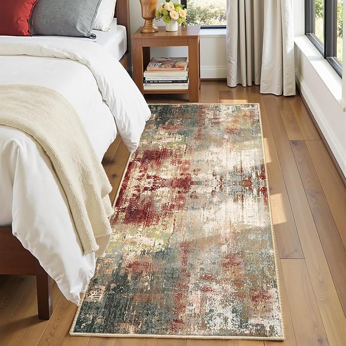 RELEANY Washable Area Rugs 2'x10' Non-Slip Modern Abstract Soft for Living Room Entryway Bedroom Nursery, Print Pattern, Brown Rust Red Green Blue Multi