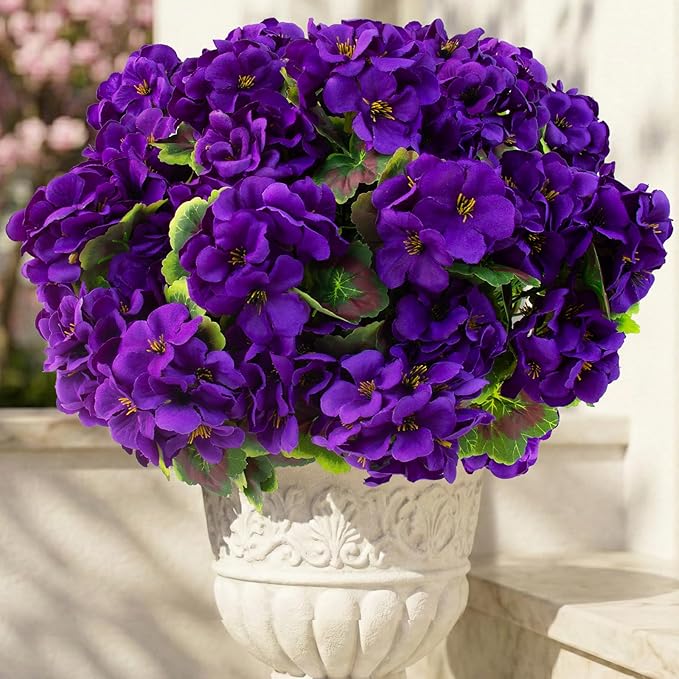 lovemoon Artificial Geranium Plant with Realistic Silk Flowers and Green Leaves，Faux Geranium Flowers for Indoor Outdoor Home Garden Office Decoration (16, Purple)