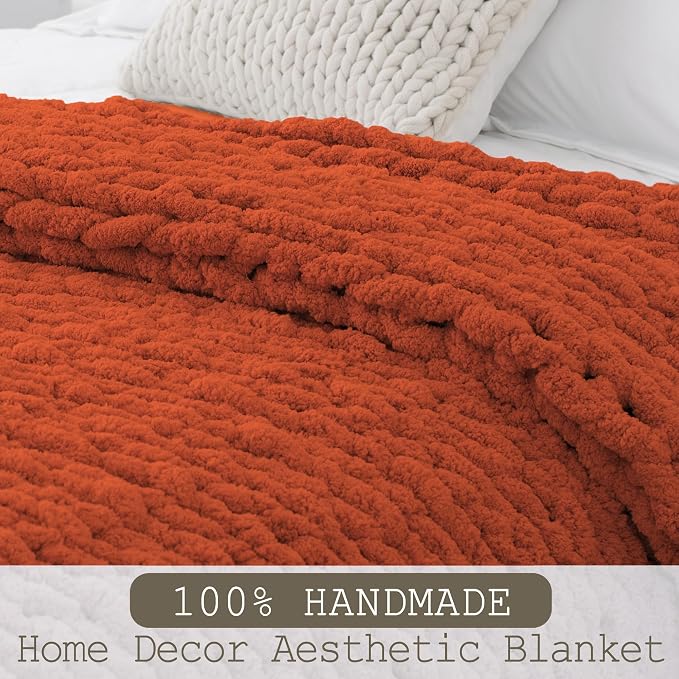 Chunky Knit Throw Blanket 50x60, 100% Handmade Chenille Yarn | 4.4lbs Soft Thick Cable Knitted Blankets, Large Rope Knot Crochet Throws for Couch Sofa Bed Thanksgiving Fall Decor, Rust