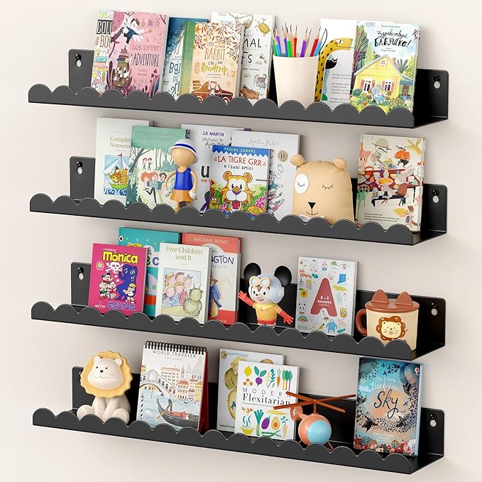 Floating Shelves for Wall, 23 Inch Metal Nursery Book Shelves 4 Pack, Wall Mounted Book Shelf for Kids Room, Bedroom, Bathroom, Playroom Decor (Black)