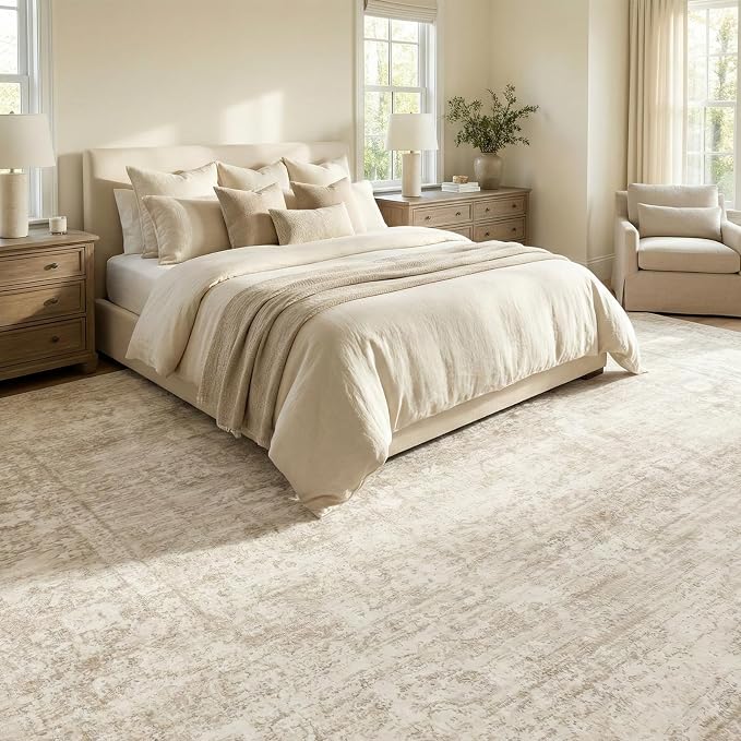 Homemate Washable Rug 10x14 Area Rugs - Vintage Faux Wool Rugs for Living Room Bedroom Dining Room - Non Slip Foldable Carpet Indoor Area Rug for Home Decor（10'x14', Beige