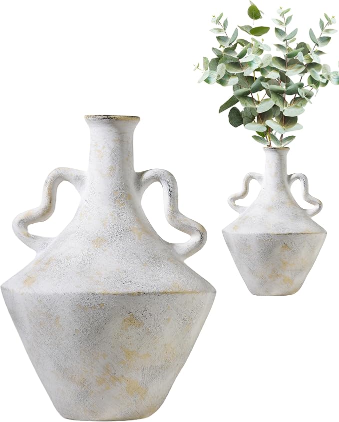 UPWOIGH 14in Distressed Ceramic Vase with Double Handles | White Handmade Look, Intentional Black Distressing, Vintage-Inspired Style, Modern Rustic Table Décor