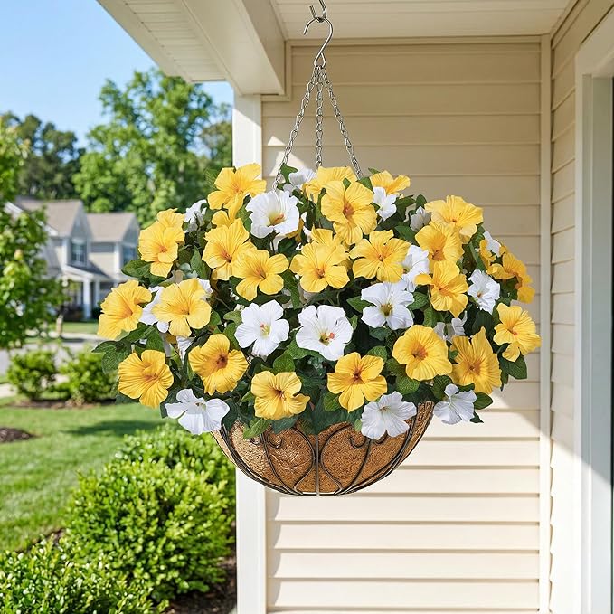 HyeFlora Artificial Flowers for Outdoors 4PCS Faux Petunias Silk Fake Flowers for Outside Planter UV Resistant Realistic Home Garden Porch Decor (Yellow 4branches)
