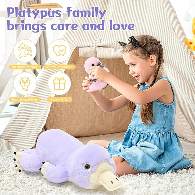 MorisMos 4Pcs Platypus Stuffed Animal, 24 Inch Cute Mommy Platypus Stuffed Animals with 3 Baby, Plush Gifts Kids Boys Girls, Purple
