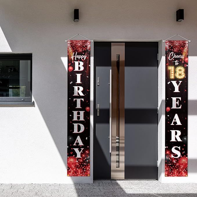 Happy 18th Birthday Porch Sign Door Banner Decor Red and Black – Glitter Cheers to 18 Years Old Birthday Party Theme Decorations for Boys Girls Supplies