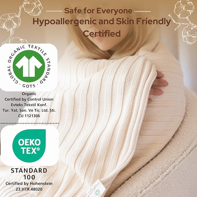 100% Organic Cotton Knit Blanket Denise 80x90 Inches Earth Ivory -Soft and Lightweight, Breathable All-Season Throw for Bed, Sofa, or Lounge Area - GOTS Certified-Perfect for Home and Bedroom Styling