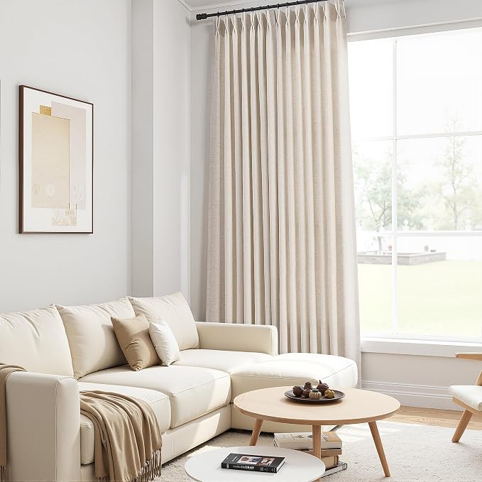 Guken Birch Beige Pinch Pleated Linen Curtains 102 Inch Length for Living Room Bedroom Boho Modern Country Farmhouse Window Light Filtering Back Tab Draps with Hooks Rings 2 Panels Set 40x102