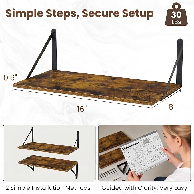 Vivelove Deep Floating Shelves for Wall, 16W x 8D Wood Wall Shelves Set of 3, Wide Floating Bookshelf for Living Room, Kitchen, Office, Bedroom and Decor Storage, with Metal Bracket - Rustic Brown
