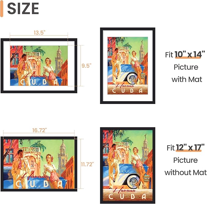 upsimples 12x17 Picture Frame, Display Pictures 10x14 with Mat or 12x17 Without, Wall Hanging Photo Frame, Black, 1 Pack