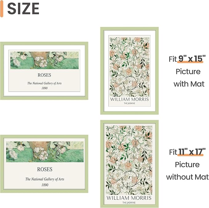 upsimples 11x17 Picture Frame, Display Pictures 9x15 with Mat or 11 x 17 Without, Wall Hanging Poster Frames, Green, 1 Pack