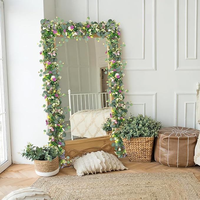 2 Pack 5.68 FT Artificial Daisy Garland with 3D Butterfly, Hanging Fake Flowers Greenery Eucalyptus Garland Floral Vines for Wedding Table Home Room Sping Decor