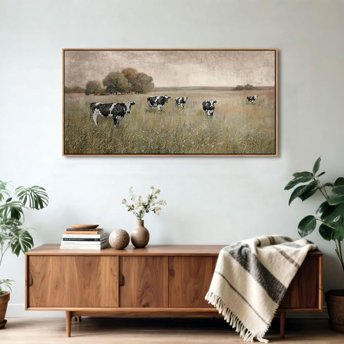 YDYSUNE Cow Pasture Canvas Wall Art - Rustic Beige Black Textured Grazing Cows Print, Vintage Farm Animal Landscape Decor for Country Home Kitchen Living Room Bedroom Framed 20×40 Inch