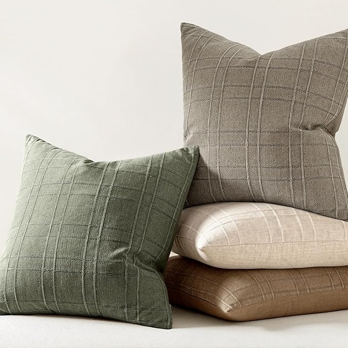 MIULEE Decorative Linen Check Euro Shams Throw Pillow Covers Neutral Farmhouse Vintage Spring Pillow Covers 22x22 Set of 2 Boho Modern Home Decor for Sofa Couch Bedroom Cushion Olive Green