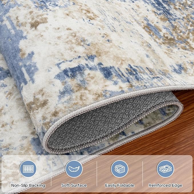 6x9 Area Rugs for Living Room Rug Washable: Modern Rug for Dining Room Bedroom Carpet Non Slip Low Pile 6 by 9 Indoor Abstract Nursery Home Office Blue