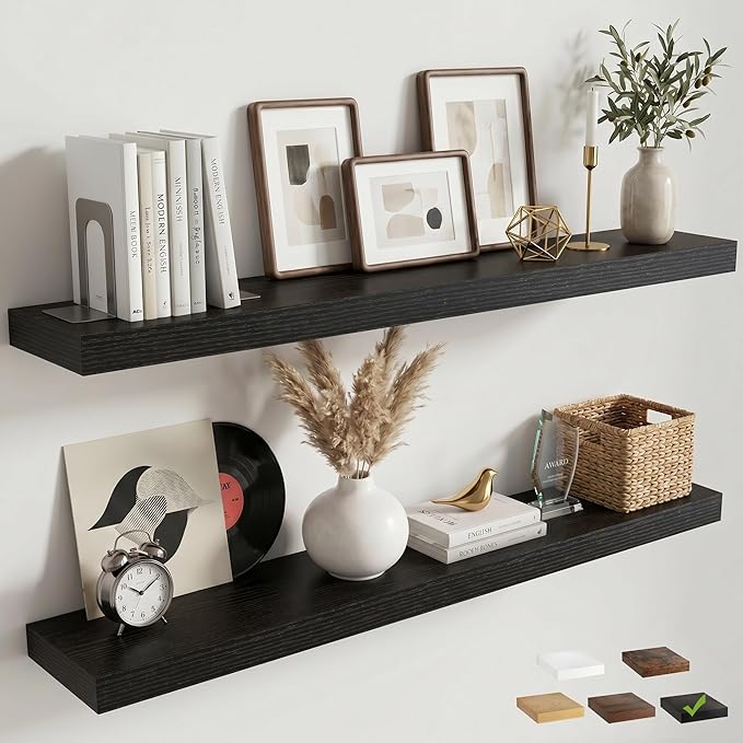 48 Inch Floating Shelves for Wall, 8"D Wood Storage Shelves, Black Finish | Engineered Wood, Invisible Bracket, Large Storage, Easy Install, Hold Up to 77lbs, Living Room, Bathroom, Bedroom, Kitchen