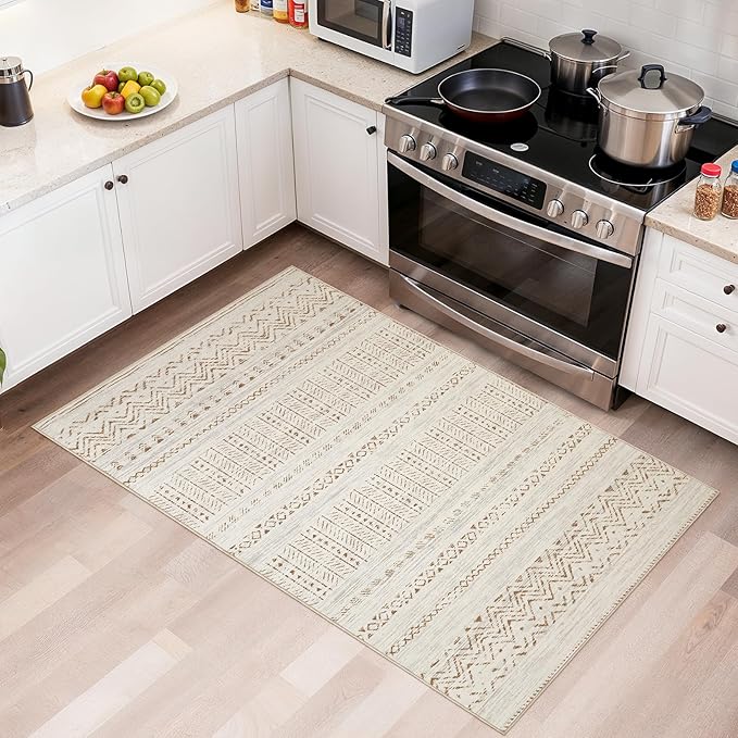 cotiled 3x5 Area Rug Living Room: Washable Boho Rugs with Non Slip Backing Small Soft Indoor Stain Resistant Carpet for Bedroom Farmhouse Dining Room Lightweight Home Decor Brown/Cream