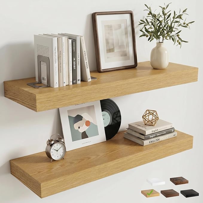 24 Inch Floating Shelves for Wall, 8"D Wood Storage Shelves, Oak Finish | Engineered Wood, Invisible Bracket, Large Storage, Easy Install, Hold Up to 44lbs, Living Room, Bathroom, Bedroom, Kitchen