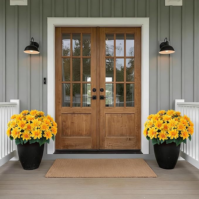 VIERENA 8 Bundles Artificial Dahlia Flowers for Outdoors Spring Summer Decor, No Fade Silk Flower Faux Dahlias Plant Arrangement for Home Garden Balcony Farmhouse（Yellow）