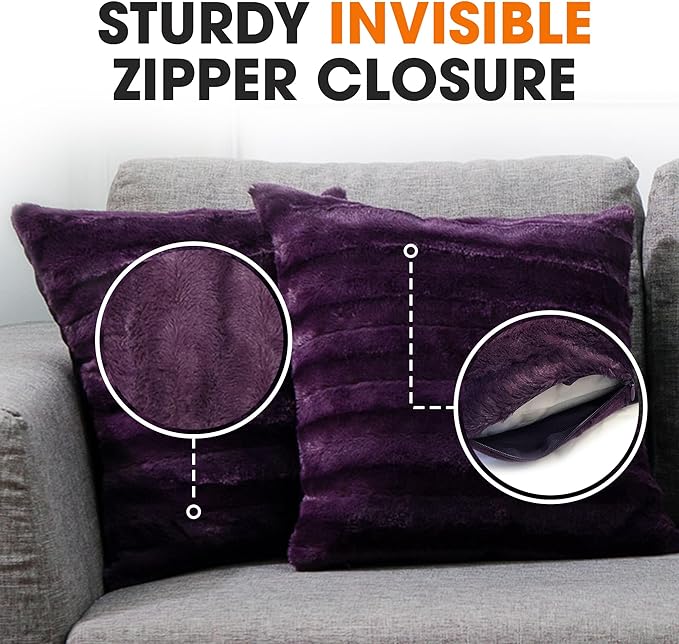 Cheer Collection Faux Fur Throw Pillows - Decorative Pillows for Couch, Bed Throw Pillows, Purple Accent Pillows for Bedroom or Living Room Aesthetic, Set of 2 Furry Throw Pillows, 26" x 26"