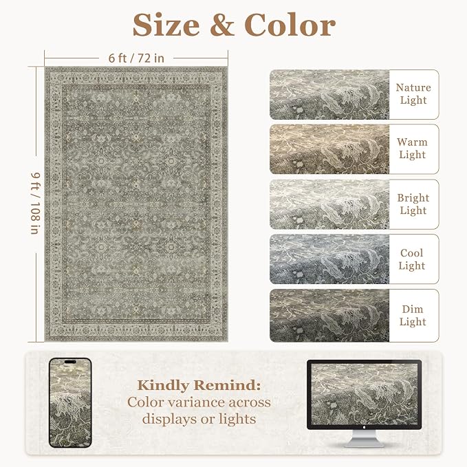 Neutral Gray 6x9 Area Rugs, Low Pile Print Washable Rugs for Living Room Bedroom Non Slip, Transitional Modern Faromhouse Carpet Rug for Dining Room Home Office, Gray/Beige/Olive