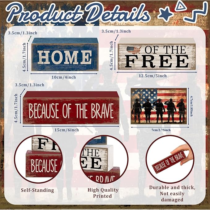 4 Pcs Patriotic Memorial Day Decorations 4th of July Tabletop Decorations Red White Blue Table Centerpieces Fourth of July Wooden Sign for Office Tiered Tray Home Shelf 250th Anniversary